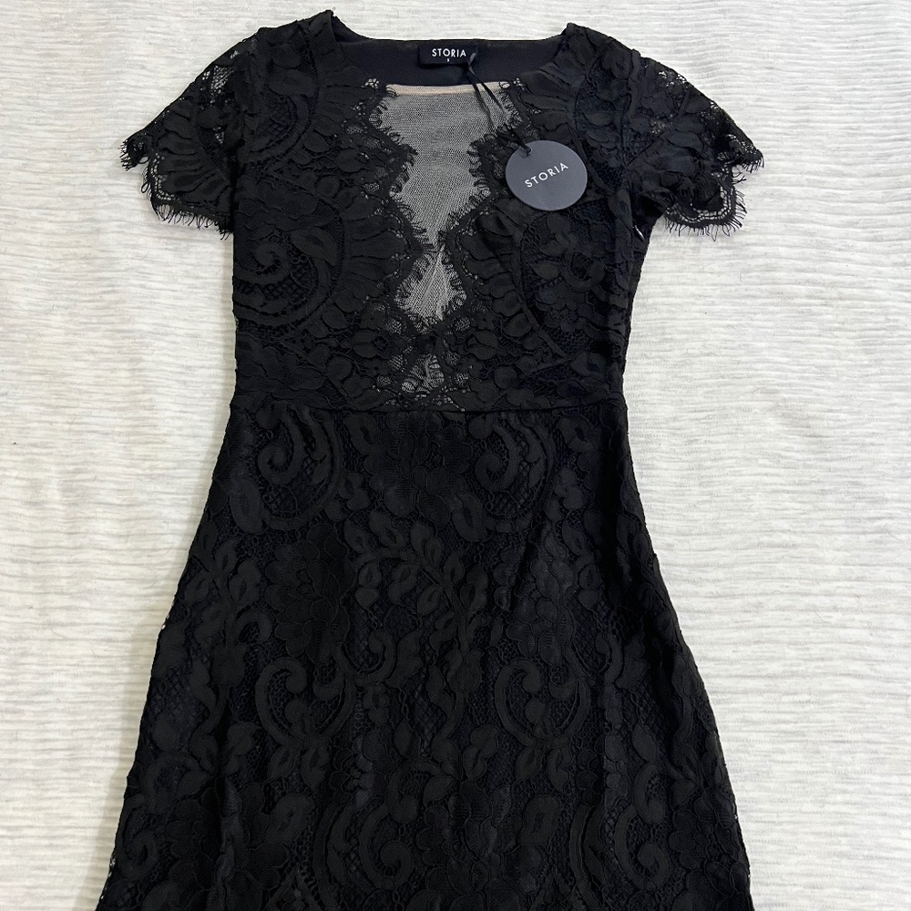 Black Lace Mini Dress with Sheer V-Neck Detail
